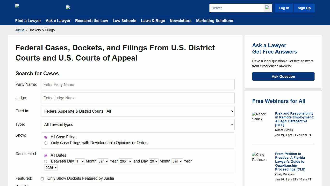 U.S. District Court and U.S. Court of Appeals Cases, Dockets and Filings | Justia Dockets & Filings