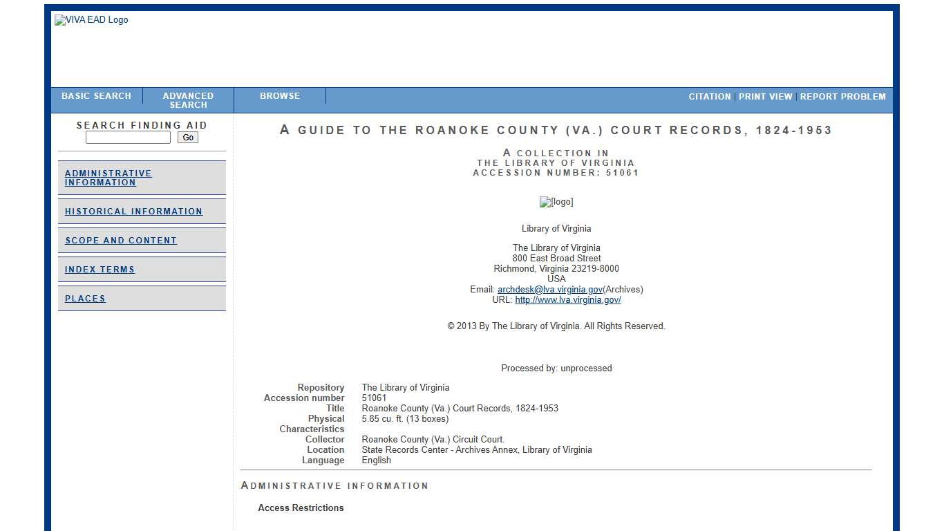 A Guide to the Roanoke County (Va.) Court Records, 1824-1953 Roanoke County (Va.) Court Records, 1824-1953 51061